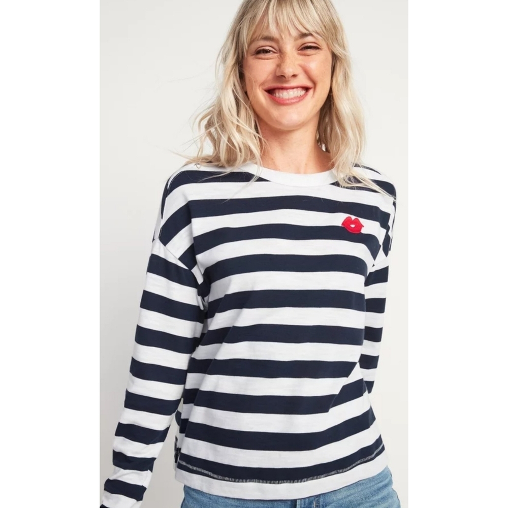 Old Navy Loose Thick Knit Striped Embroidered Graphic Easy Long Sleeve Tee L